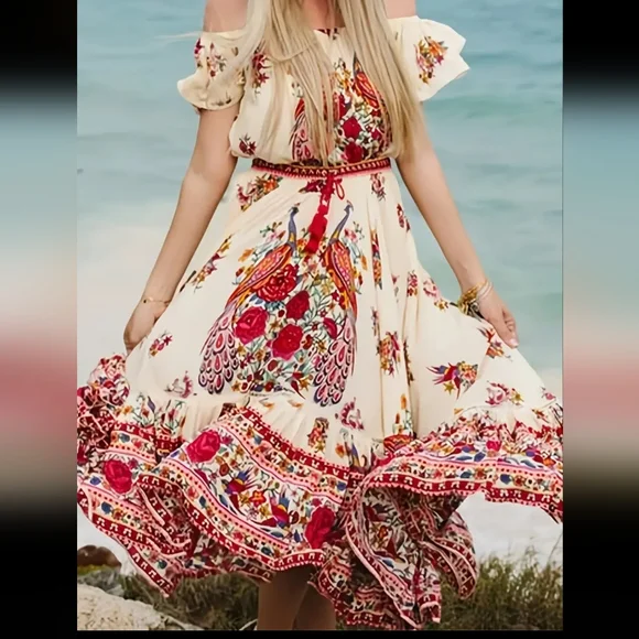 Bohemian floral print off shoulder maxi dress size large. New never worn. - Picture 2 of 5